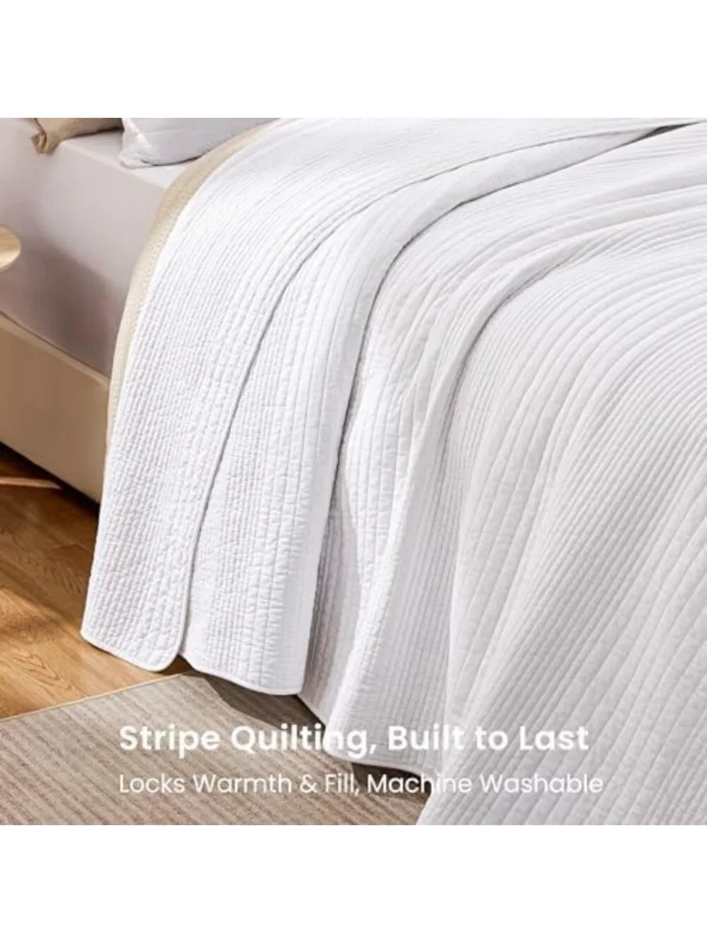 King Size Cotton Quilt Set - Lightweight Striped Textured Coverlet & 2 Pillow